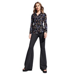 Rare 70s Vintage Brown, Black & Gray Floral Long Sleeve Button Down Top Size M